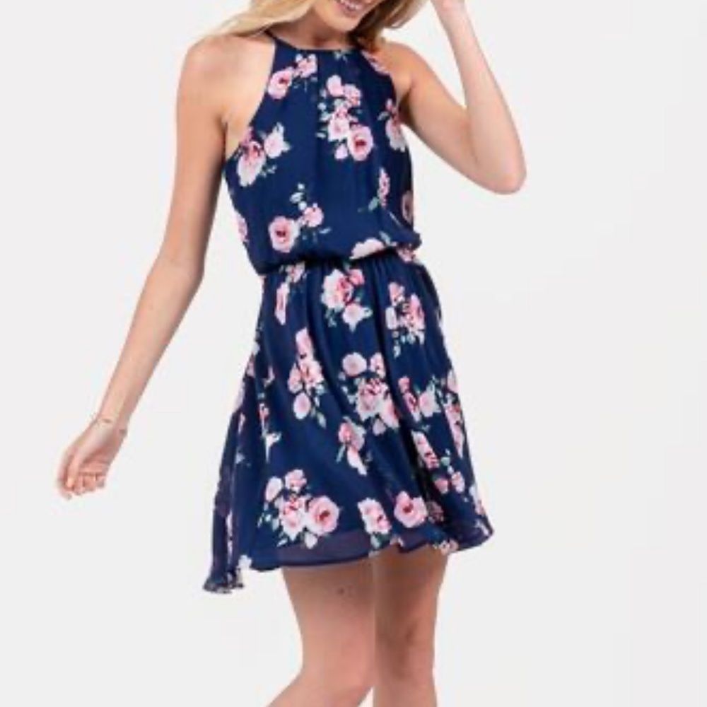 Blue Rain Navy Floral Halter Mini Dress with Pink Blooms